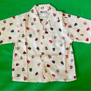Vintage Spearhead Cream Button-Down Shirt with Red and Black Shield Print *RARE*